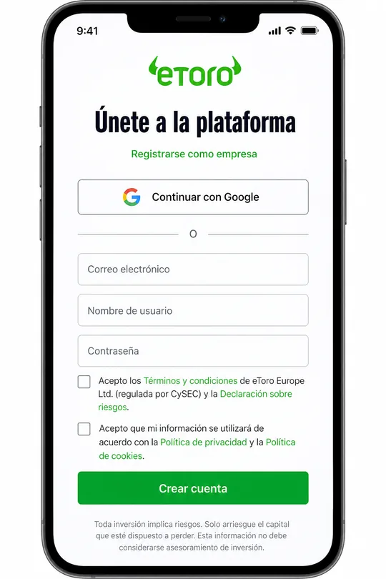 Formulario de registro de eToro en la landing de socio para clientes hispanos — campo de email, logo del broker, datos regulatorios