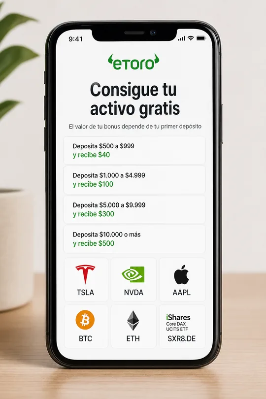 Selección de activo gratis de eToro para clientes hispanohablantes — seis tarjetas (Tesla, Nvidia, Apple, Bitcoin, Ethereum, S&P 500 ETF) tras introducir el correo en el registro