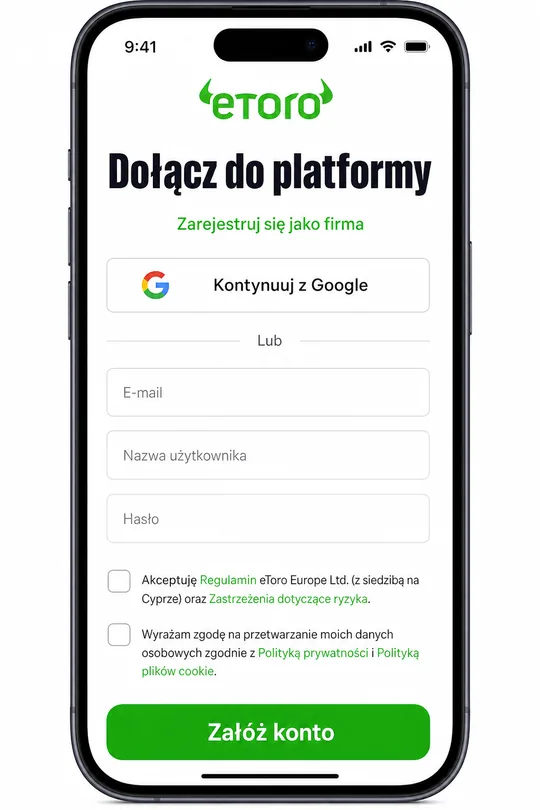 Formularz rejestracji eToro na partnerskiej landing page dla polskich klientów — pole e-mail, logo brokera, informacje regulacyjne