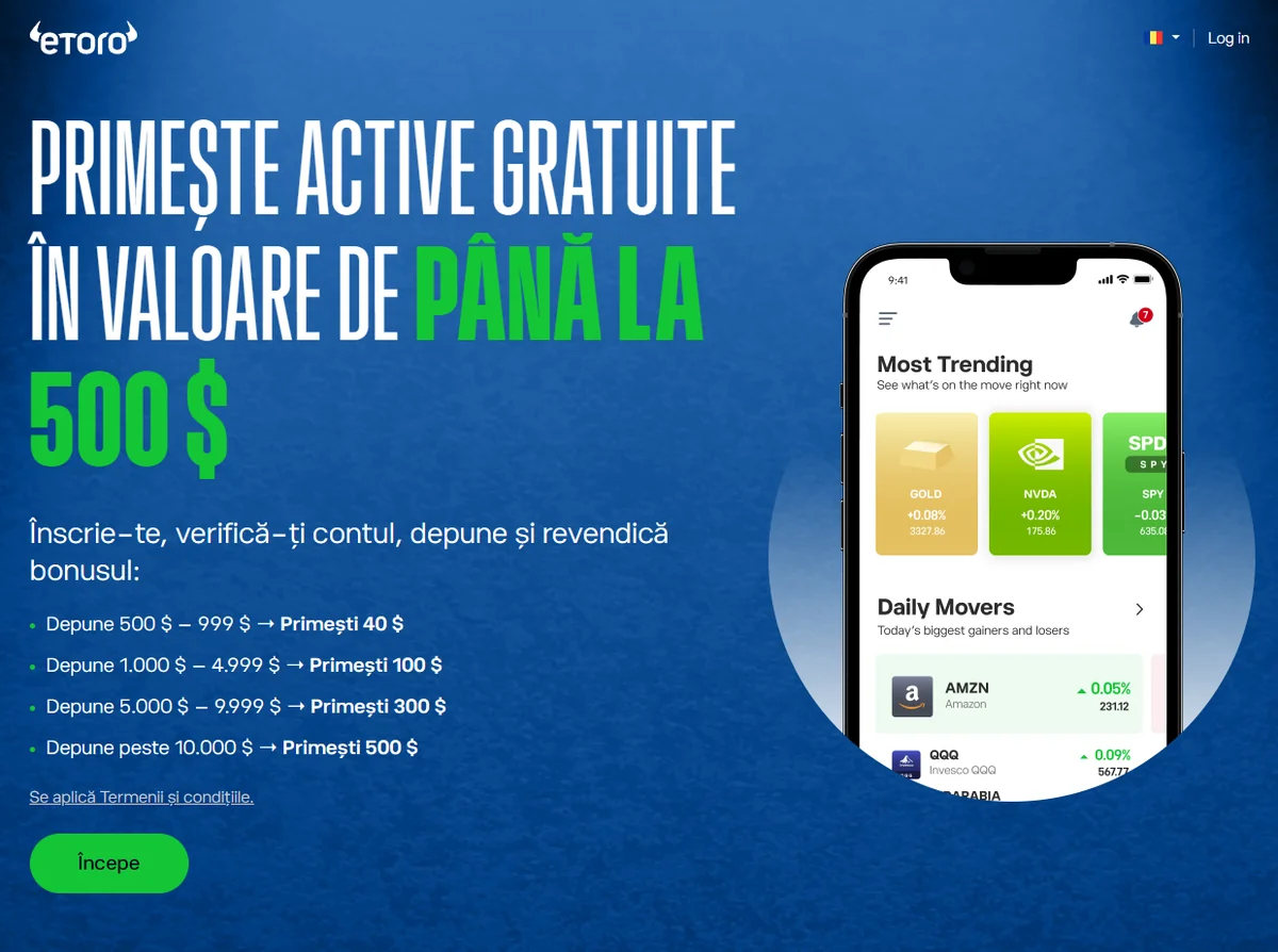 Bonus pe niveluri eToro — până la 500 USD în active gratuite pentru primul depozit