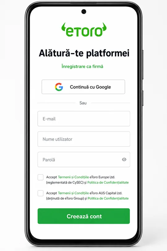 Formular de înregistrare eToro pe landing page-ul partener pentru clienții români — câmp email, logo broker, informații regulatorii