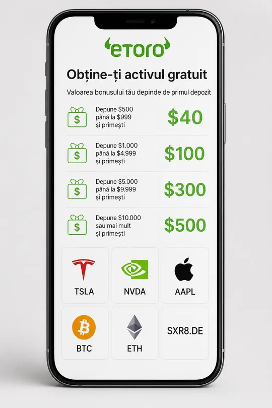 Selecție activ gratuit eToro pentru clienții români — șase plăci (Tesla, Nvidia, Apple, Bitcoin, Ethereum, S&P 500 ETF) după introducerea emailului la înregistrare