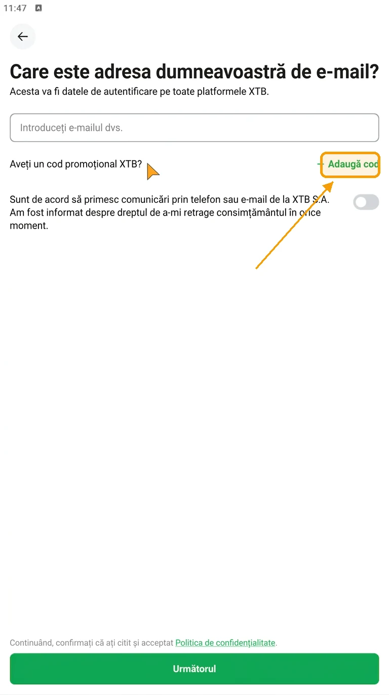 Înregistrare în aplicația mobilă XTB — linkul „Adaugă cod