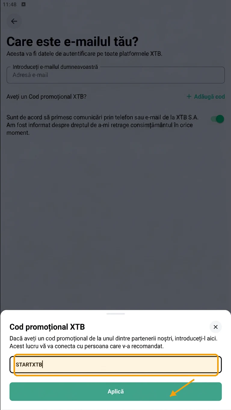 Fereastra de cod de recomandare din aplicația mobilă XTB cu STARTXTB introdus, gata de aplicare