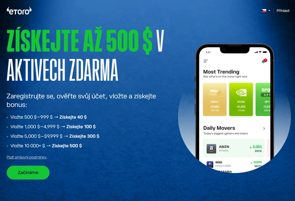 eToro odstupňovaný bonus — až 500 USD v aktívach zadarmo za prvý vklad