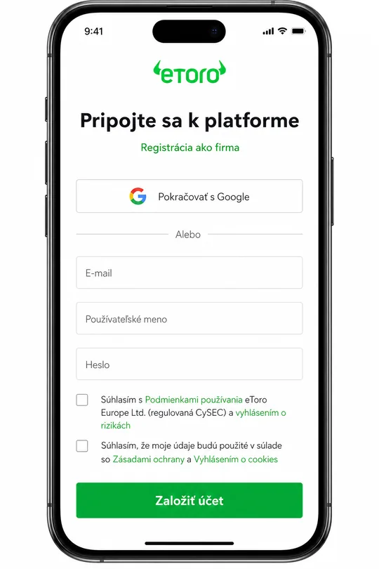 eToro registračný formulár na partnerskej landing page pre slovenských klientov — pole pre e-mail, logo brokera, regulačné údaje
