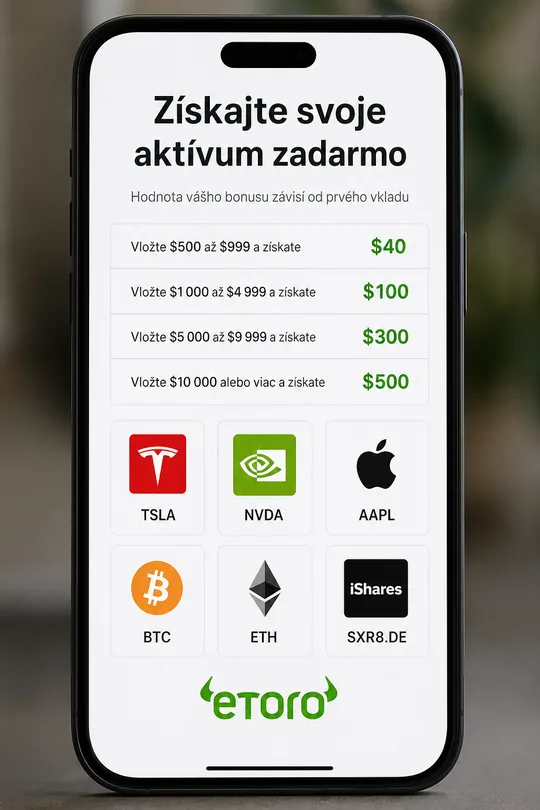 eToro výber aktíva zadarmo pre slovenských klientov — šesť dlaždíc (Tesla, Nvidia, Apple, Bitcoin, Ethereum, S&P 500 ETF) zobrazené po zadaní e-mailu pri registrácii