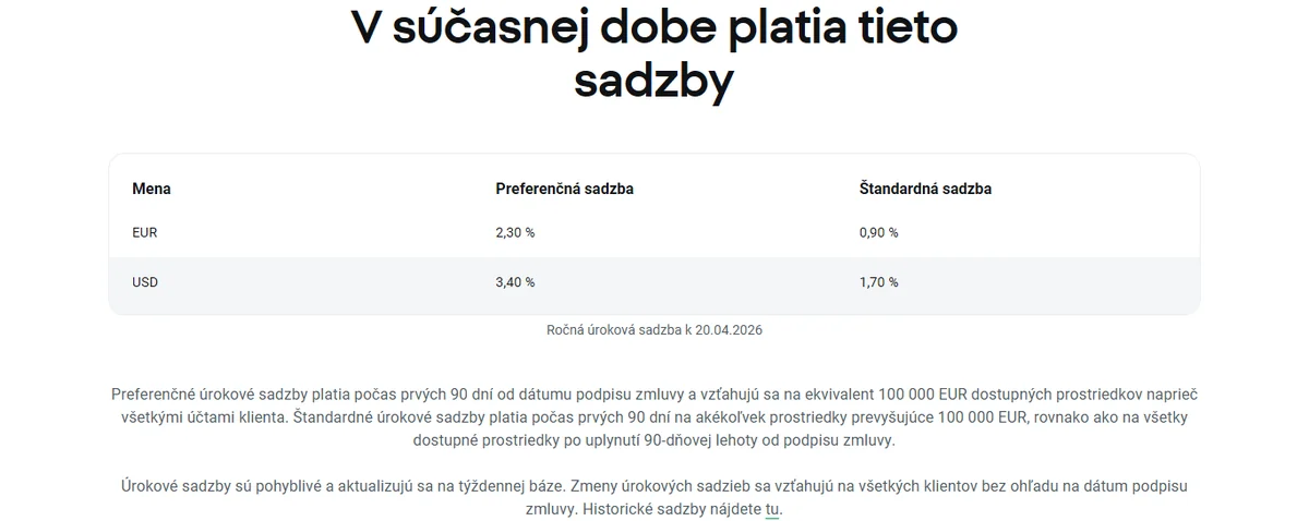 XTB úrok z hotovosti — tabuľka preferenčných a štandardných sadzieb pre EUR a USD; snímka z oficiálnej XTB stránky